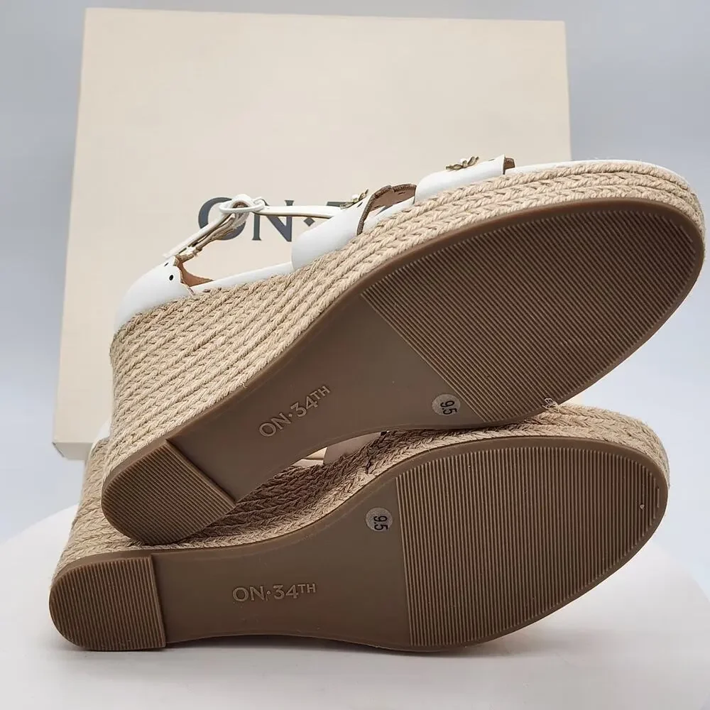 NEW - On 34th Theodore EP White Linen Floral Espadrille Wedge Sandals Size 8.5 M
